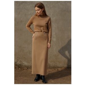 ZARA Tan Ribbed Double Zip Midi Pencil Sweater Skirt Medium NWT